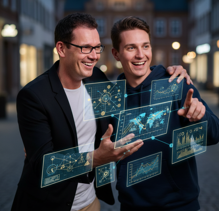 René Wenzel und junger Mann lächeln und interagieren mit holografischen Bildschirmen in einer Stadtstraße.