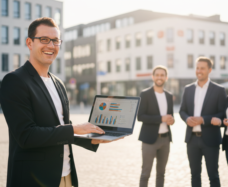 Beratung für Unternehmen und Selbstständige René Wenzel mit Laptop zeigt Diagramme, umgeben von drei weiteren Personen in Anzügen.