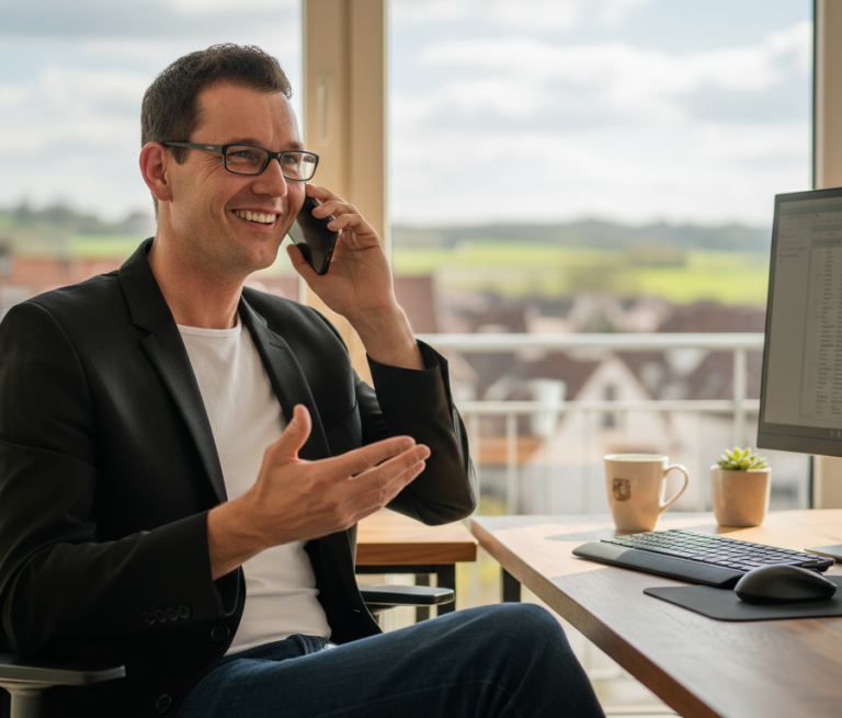 Dein Termin mit René Wenzel. Über Whats-app. René Wenzel im Büro spricht telefonierend, lächelnd, mit Laptop und Kaffeetasse auf dem Tisch.