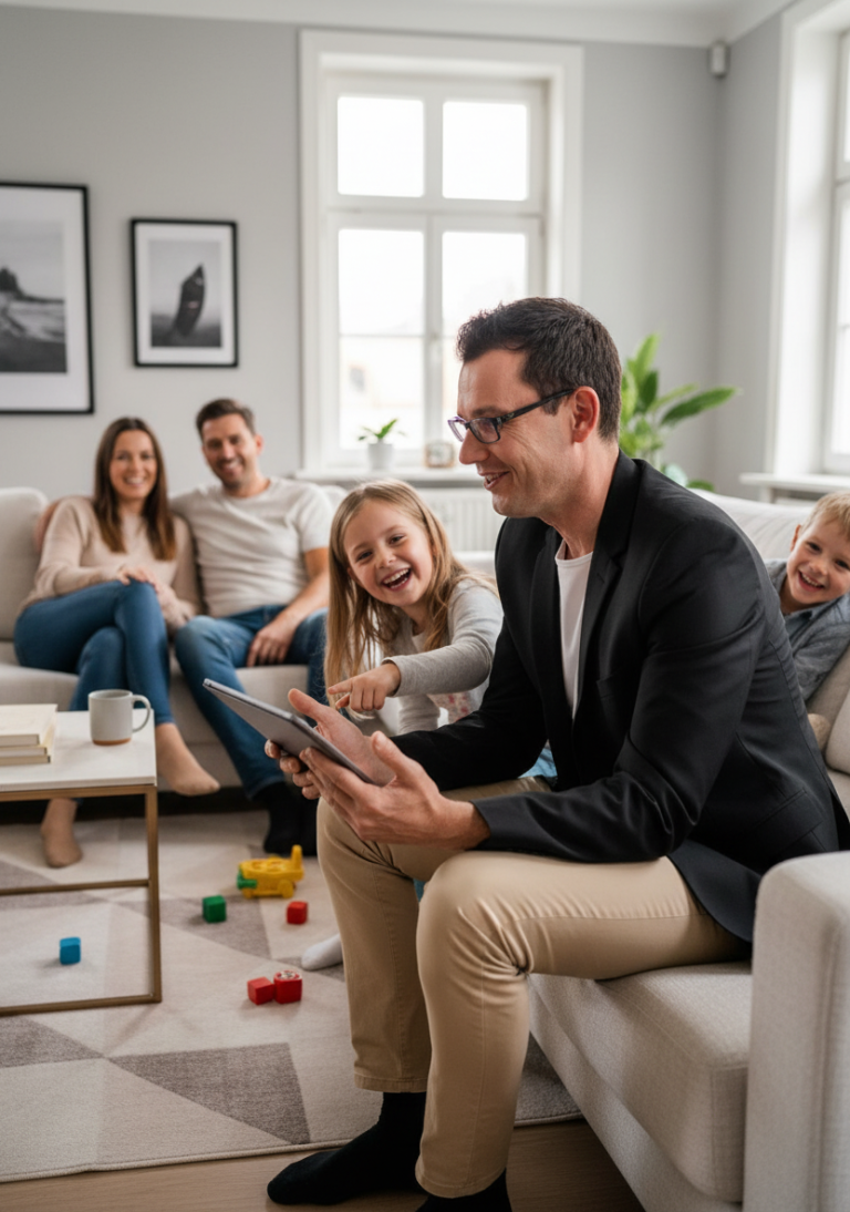 Familie absichern. Mit Wenzel Finanzen. Familie sitzt im Wohnzimmer zusammen; René Wenzel mit Tablet, Kinder lächeln und spielen.