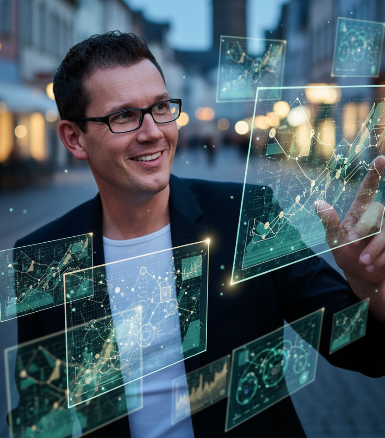 René Wenzel in einem Anzug interagiert mit holografischen Datenfeldern in einer Stadt.