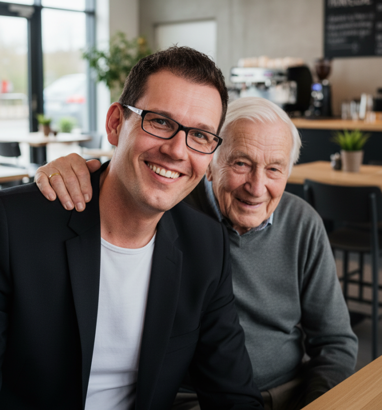 René Wenzel und älterer Mann lächeln glücklich in einem Café.