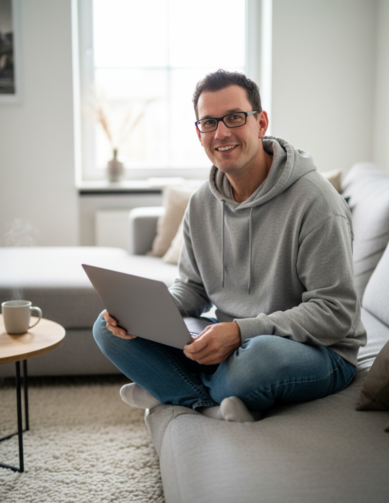 René Wenzel sitzt lächelnd auf dem Sofa und arbeitet am Laptop in einem hellen Wohnzimmer.