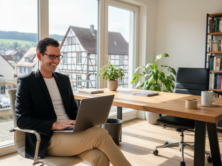 Unsicher? Schreib mich doch einfach mal an. René Wenzel sitzt in einem Schreibtisch, arbeitet am Laptop in einem hellen Büroumfeld.
