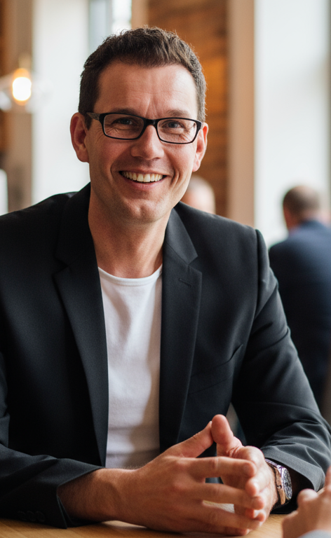 Finanz Beratung mal anders. René Wenzel offen und ehrlich in einem Restaurant. Beratung mal anders.