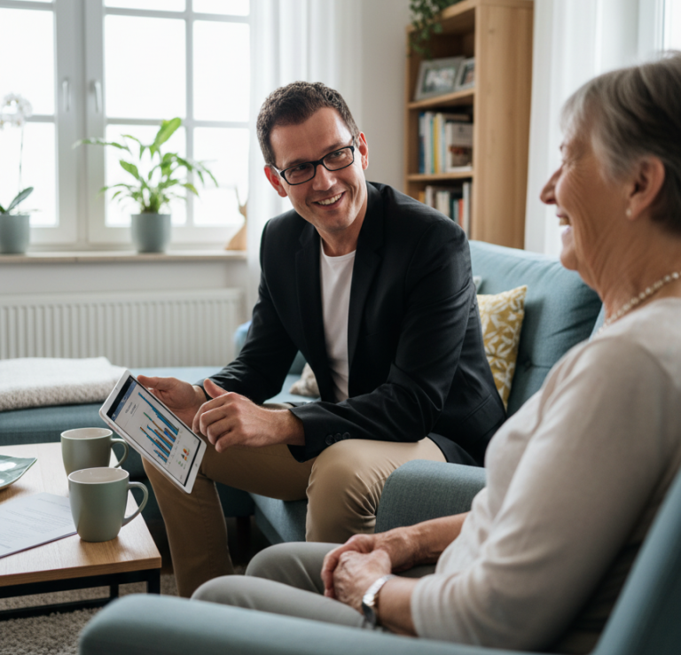 René Wenzel spricht lächelnd mit einer älteren Frau in einem gemütlichen Wohnzimmer. Beratung auf Augenhöhe.