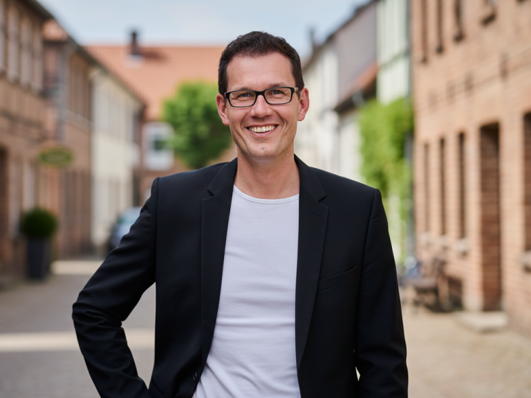 René Wenzel in einem schwarzen Blazer und weißem T-Shirt, lächelt in einer Stadtstraße in Hörstel bei Ibbenbüren.