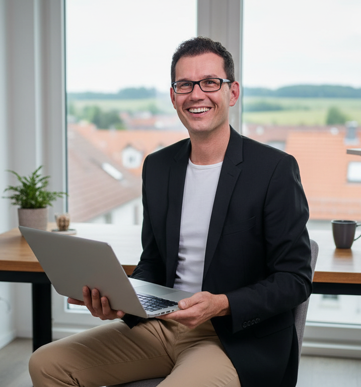 René Wenzel - Was du von mir erwarten darfst. René Wenzel sitzt an einem Tisch mit Laptop und lächelt in einem hellen Raum.